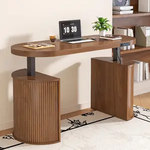 Mid-Century Modern Electric Standing Desk with Storage, 55x22 Inch Small Walnut Wood Adjustable Height Practical Desktop Stand, Sturdy Computer Desk Wood Workstation for Home Office Laptop Use