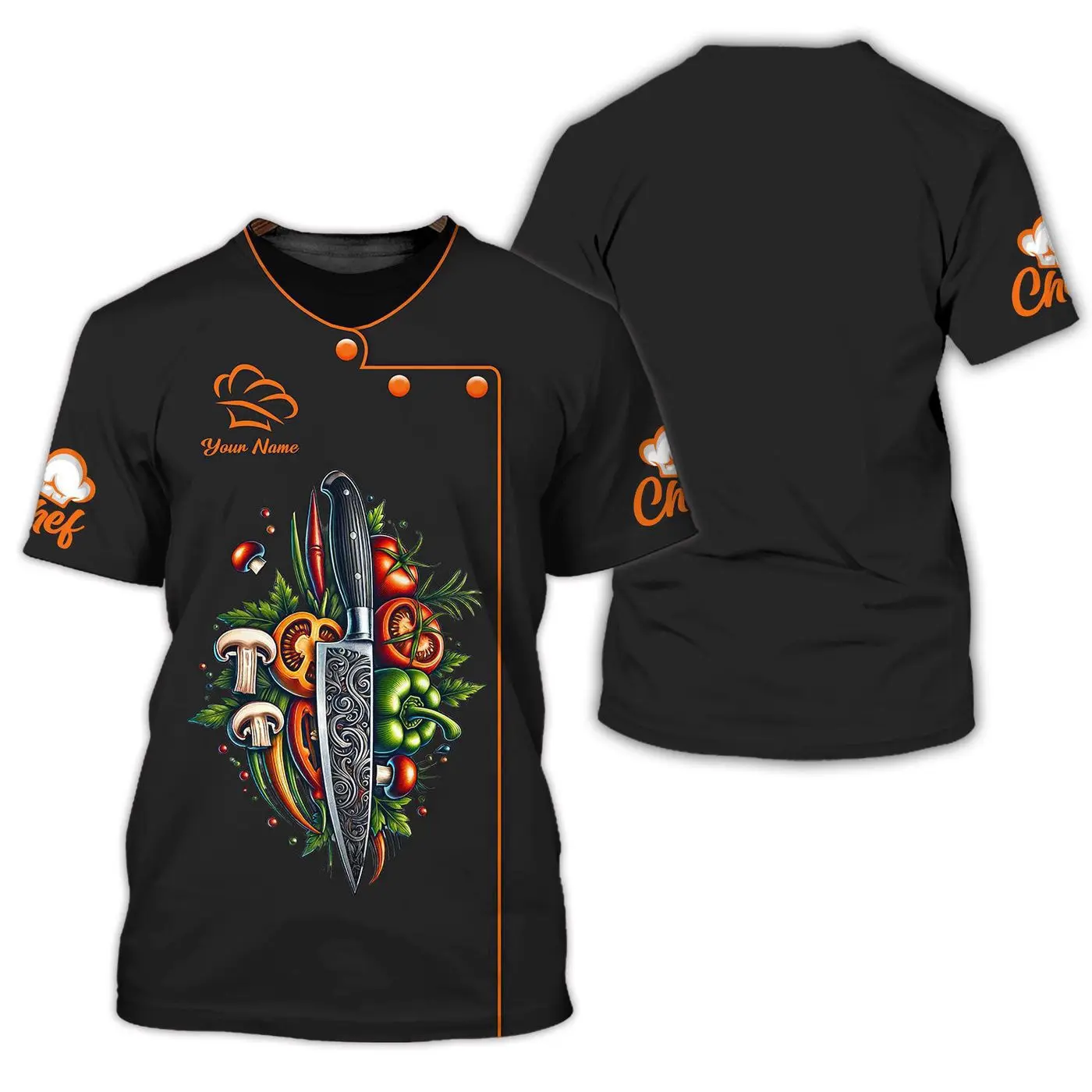 Chef T-shirt de chef personnalisé - Motif couteau et légumes