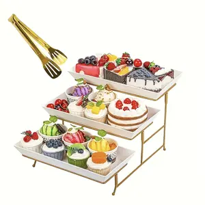 3-Tier Metal Dessert Display Stand with 2-Piece Dessert Clips Set, Elegant Gold Frame & White Design, Easy Assembly, Reusable Easy-to-Clean Home & Party Decoration for Birthdays, Weddings