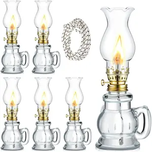6 Set Vintage Glass Kerosene Lamp Rustic Oil Lantern Clear Hurricane Lamp with 6.6 ft Extra Wick for Indoor Lighting Decor Emergency Trendy Style