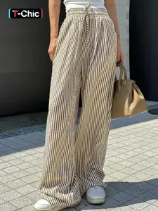 Women's Striped Print Pocket Jumpsuit, Casual Comfy Wide Leg Trousers for Daily Wear, Ladies Bottoms for All Seasons, Womenswear