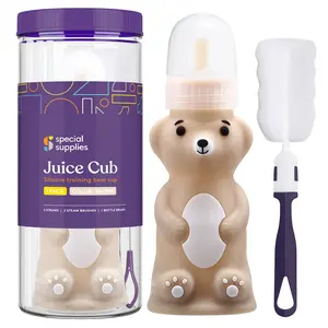Special Supplies Juice Cub Squeezable Honey Bear Silicone Training Cup BPA Free Eco Friendly 8 oz  Bottle with 3 Straws & Brushes for Babies, Kids & Special Needs