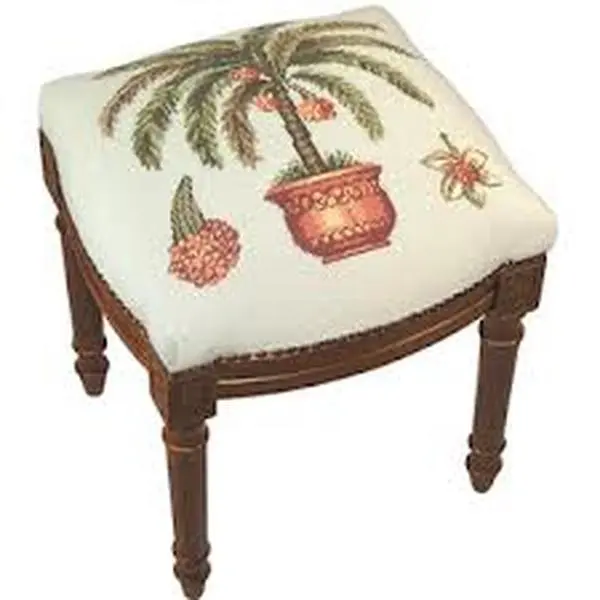 Luxury Needlepoint Square Seat Stool - Solid Real Wood Stain Finish, Foam Cushion Padded Footstool Ottoman, 19" H x 16" W x 15" D, Hand-Carved Detail, Requires Assembly Living Room Indoor Furniture