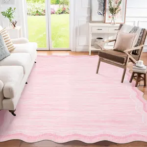 Scalloped Pink Rug 5x7ft Modern Solid Living Room Carpet, Non-Slip Contemporary Rug for Girls, Machine Washable Low Pile Indoor Rugs for Entryway,Playroom,Dorm,Office, Pink