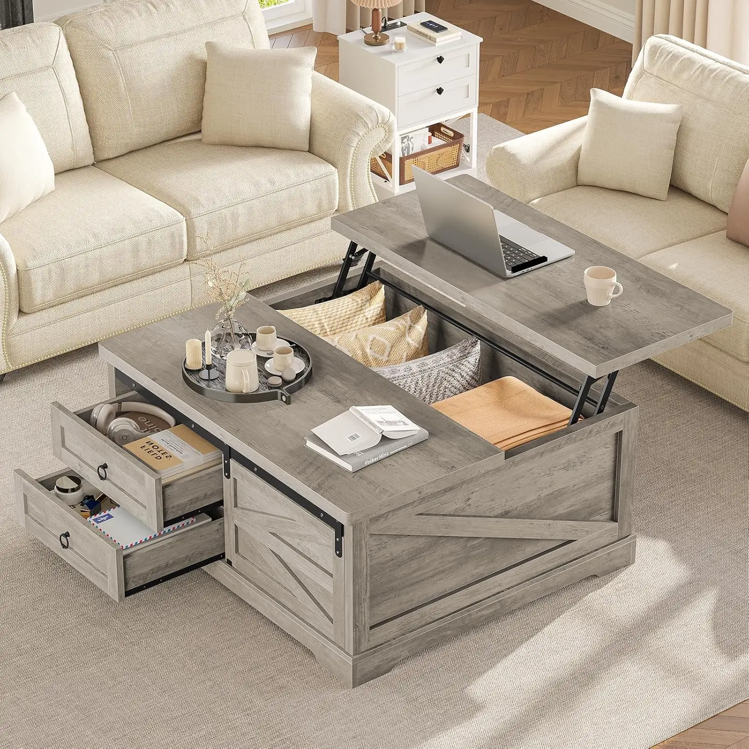 Itaar 39.4'' Lift Top Coffee Table with Storage, Farmhouse Coffee Tables for Living Room, Square Coffee Table with Large Hodden Compartment & 2 Drawrs & Adjustables Shelves