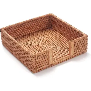 Square Rattan Napkin Holder for Paper Napkins, 7.5" x 7.5" x 2.5", Wicker Woven Napkin Tray Guest Towel Holder for Restaurant Kitchen Bathroom Table