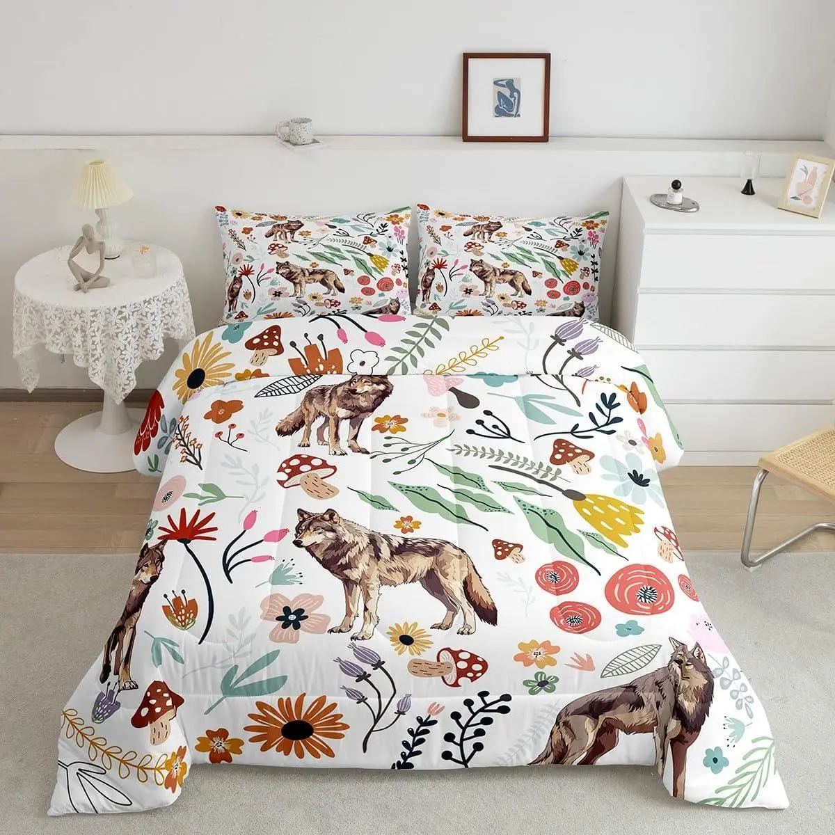Feelyou Cartoon Animal Kids' Bedding Set - Soft Comfy Light Weight Polyester Fibre Bedding, Cute Wolf-Printed Mushroom Floral Blanket, U-Stitching Duvet, Multi-Size Quilt Insert, Light Weight Blanket, Soft Comfy Blanket