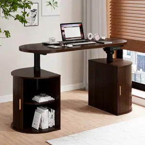 【Deals for You Days】DHH 55" Motorized Standing Desk with Storage & Digital Control, Mid-Century Modern Ergonomic Wood Adjustable Height Sit-Stand Table, Quiet Fluted Tambour Sliding Door Home Office Desk（Walnut）