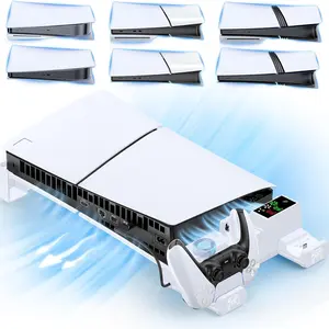 PS5/Slim/Pro Horizontal Compact Adjustable Stand and Cooling Station with Controller Charging Station for Playstation 5 Console, Scalable PS5 Stand with 3-Level Cooling Fan, PS5 & Edge Controller Charger Accessories Kit