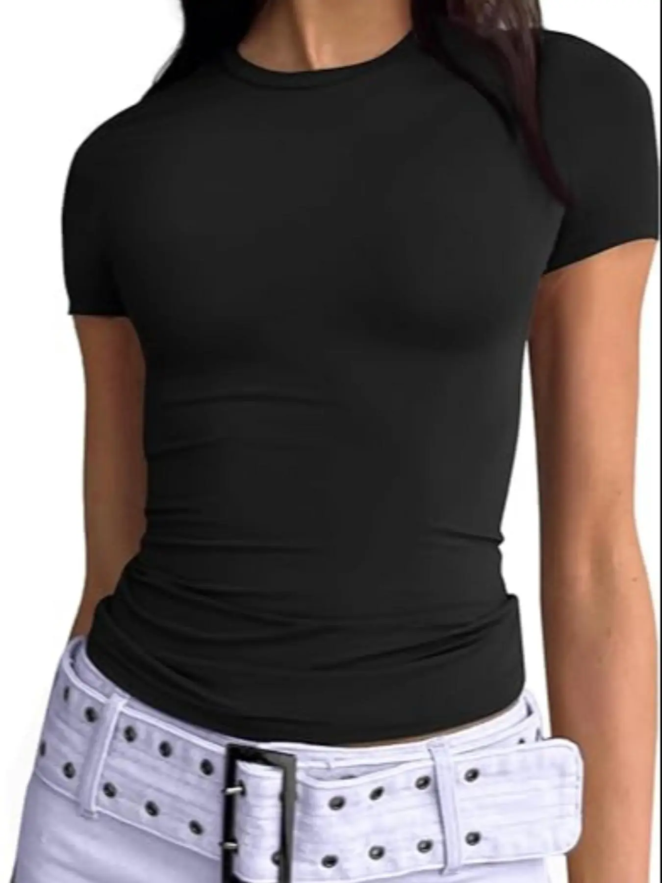 Women's Basic Solid Round Neck Slim Lounge Tee, Casual Comfy Short Sleeve T-shirt for Daily Wear, Ladies Tshirt Top for Indoor Outdoor Wear