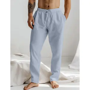 Menswear Mid-Full Length Linen-Cotton Fabric Pants - Breathable, Micro-Elastic, Drawstring Elastic Waist, Plain Soft Daily Beach Bottoms (White, Blue)