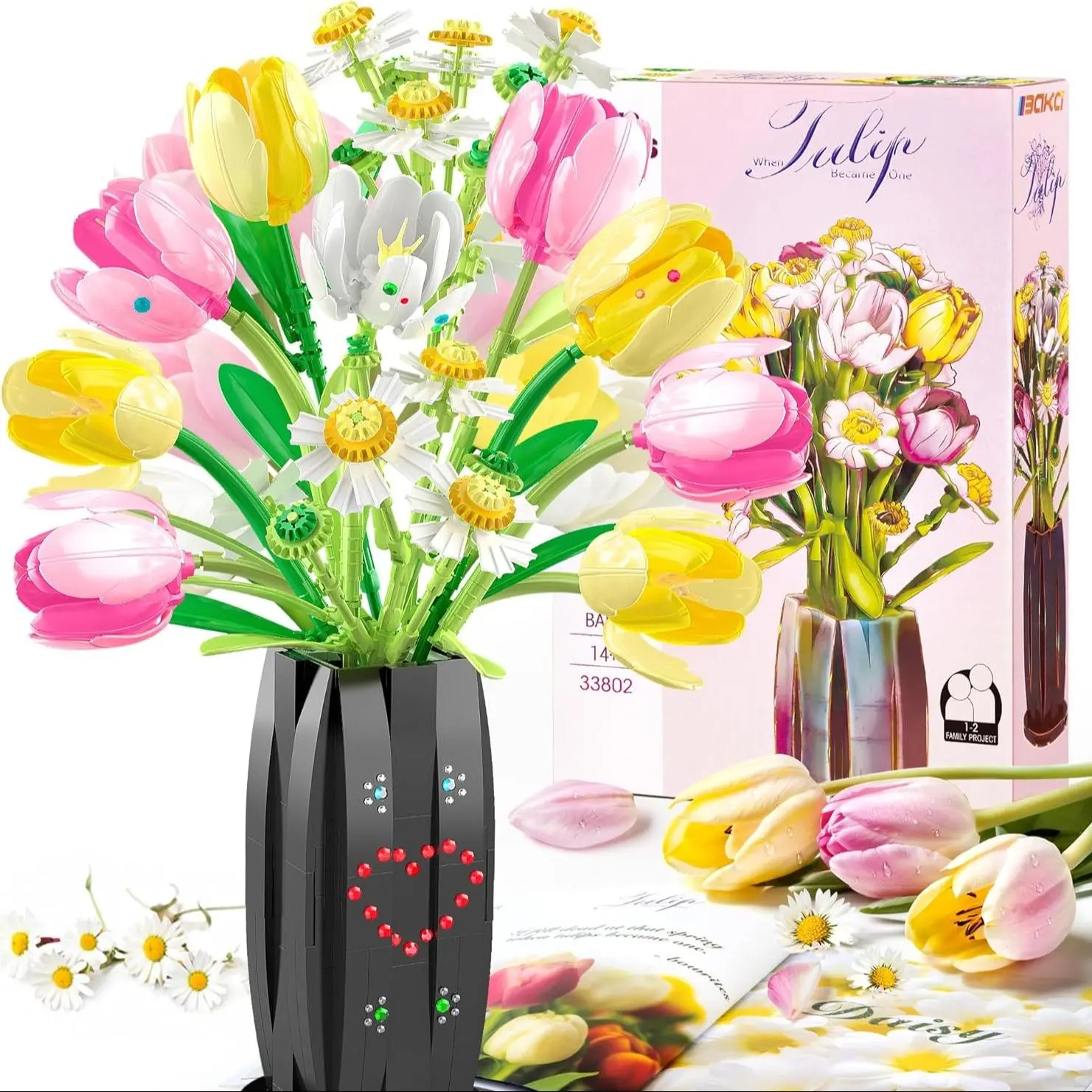 Tulip Bouquet Toy Adult Building Set with Daisies and Vase, Artificial Flowers Craft Kit, Home Decor, Artificial Flower Arrangements, Fake Tulips, Home Decoration Bouquet, Birthday Christmas Gift for Her Him Mother