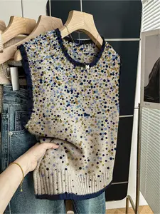 1 + Spring and summer back to school casual loose round neck sleeved wool knit with dark blue stitched border and polka dot print women's knit top women's outerwear top, with a vest, wear alone Knitted Sweater
