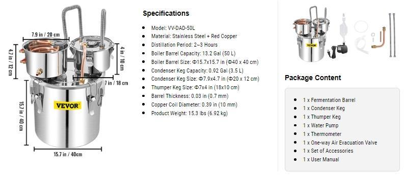 VEVOR Water Wine Distiller Stainless Steel, TikTokShopBlackFriday, Copper Tube With Circulating Pump, Home Brewing Kit Build-in Thermometer for DIY Whisky Wine Brandy Oil Utensils VEVOR Super Brand Day