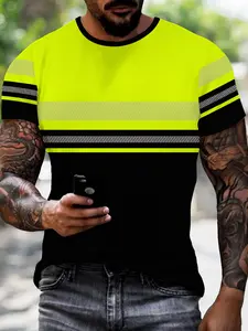 Fluro Reflective Stripes Fitted T-Shirt Round Neck Print, Industrial Safety Style Short Sleeve, Fashion Comfort Design, Perfect Daily Wear Gift Choice