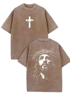 Men's Vintage Washed Distressed T-Shirt Retro Streetwear Tee Double-Sided Graphic Shirt with Front & Back Cross Designs Relaxed Fit Crewneck Top for Everyday Casual Wear Coffee Brown Whimsical Designs