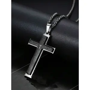 1pc Casual Stainless Steel Jewelry Men's Retro Letter Bible Black Cross Pendant Necklace, Father's Day Anniversary Birthday Gift for Dad