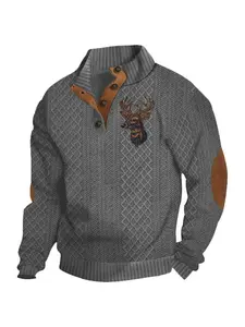 New men's reindeer half-zip stand-up collar sweater long sleeve hoodie, elbow patch design, soft and comfortable fabric, suitable for daily, outdoor travel and other scenarios, autumn and winter men's pullover.