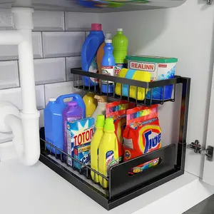 Under Sink Slide Out Shelf, 2 Tier Pull Out Cabinet Organizer for Kitchen Bathroom