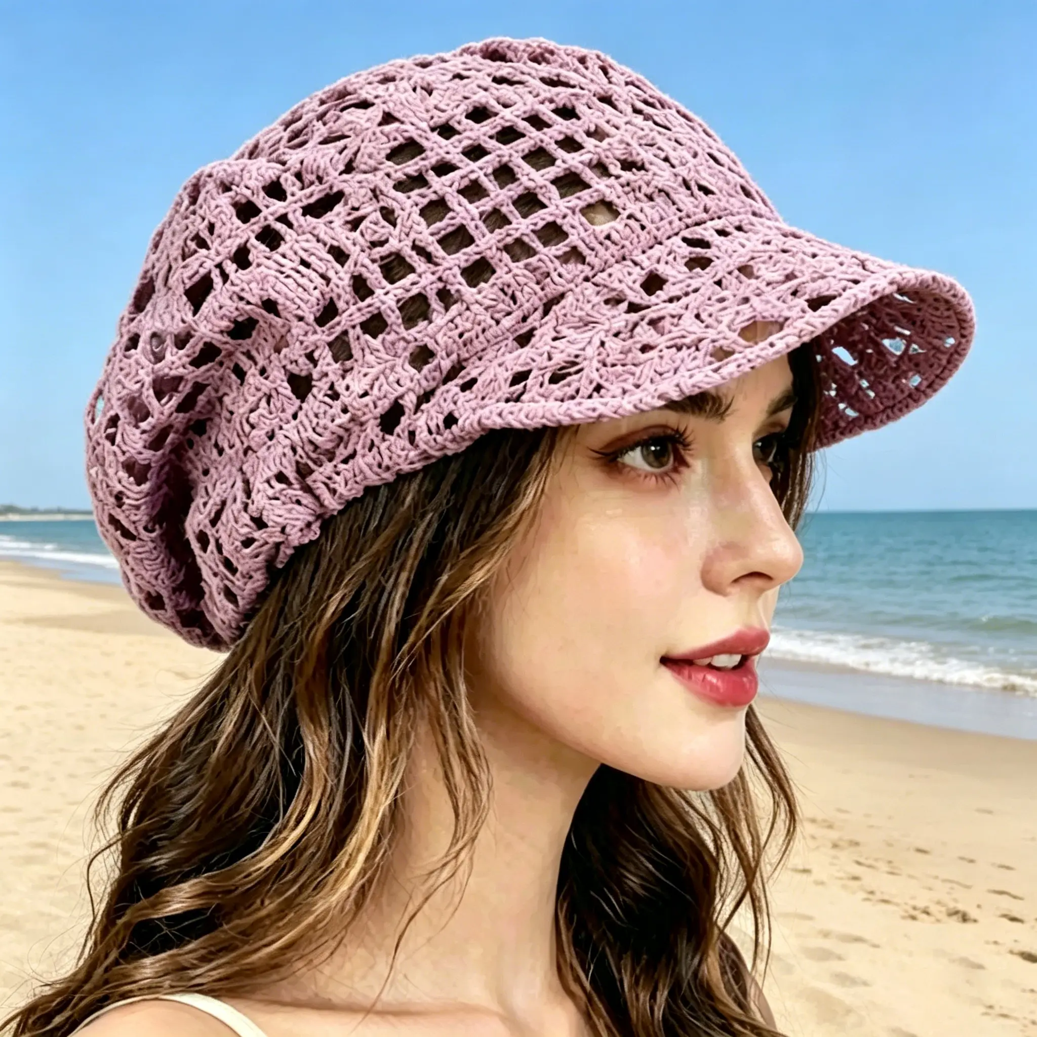 Women's European & American Style Short-Brimmed Hollowed-Out Crochet Sports Hat, Breathable Mesh Slouch Cap, Ethnic Beanie for Casual Outings (Sports & Outdoor Accessory)