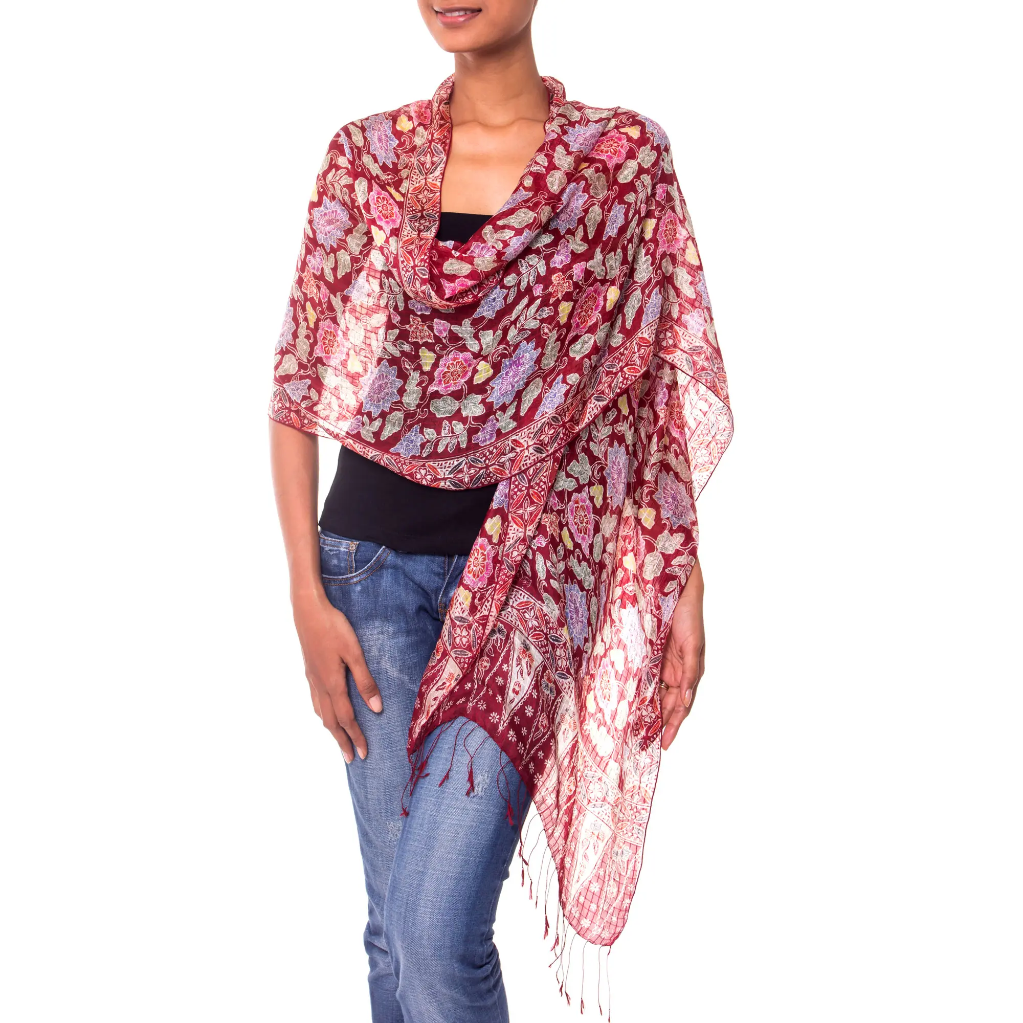 Novica Artisan Handmade 100% Silk Batik Shawl | Lightweight Red Artisan Wrap | Patterned Floral Wine Garden | Travel Scarf For Women