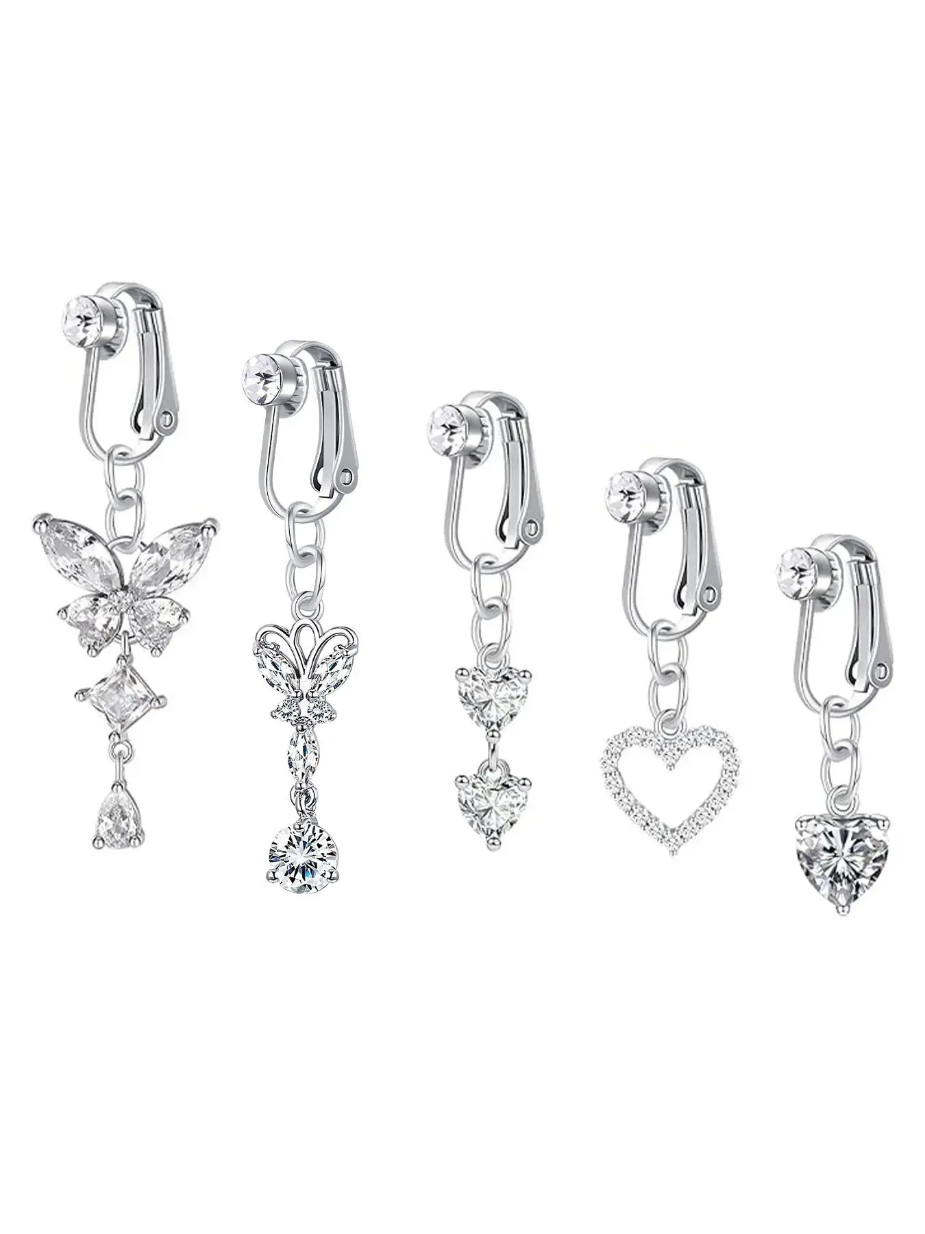 Rhinestone & Butterfly Decor Non-piercing Clip Belly Piercing Belly Button Rings, 5counts Belly Piercing Jewelry for Party, Daily Clothing Decor for Girl, As Birthday Gift for Back To School Body Jewelry
