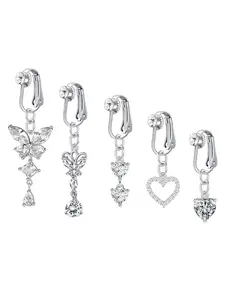 Rhinestone & Butterfly Decor Non-piercing Clip Belly Piercing Belly Button Rings, 5counts Belly Piercing Jewelry for Party, Daily Clothing Decor for Girl, As Birthday Gift for Back To School