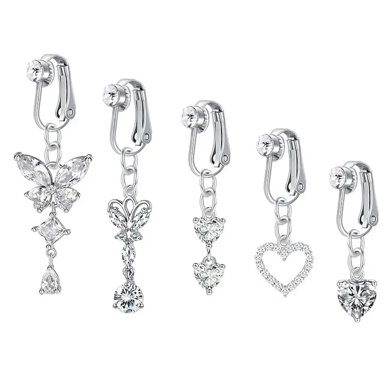 Rhinestone & Butterfly Decor Non-piercing Clip Belly Piercing Belly Button Rings, 5counts Belly Piercing Jewelry for Party, Daily Clothing Decor for Girl, As Birthday Gift for Back To School Body Jewelry