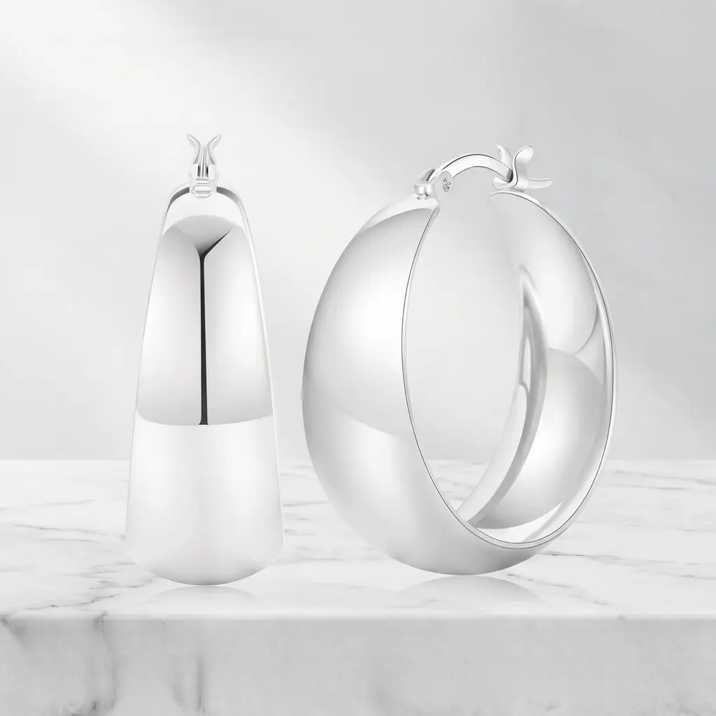 925 Sterling Silver Hoop Earrings for Women, Rhodium Plated High Polish Chunky Silver Hoops, Hypoallergenic Large Statement Earrings for Evening Party, Wedding, Daily Wear, Elegant Fashion Jewelry Gift for Her, Earring For Women, Large Hoop Earrings