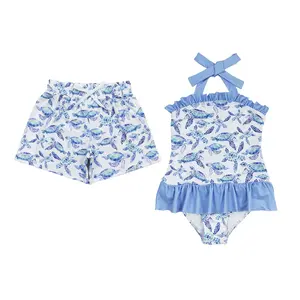 Girls’ Blue and White Turtle Print Quick-Dry Fabric Swimwear Sets - Multi-Size Swimmingoutfit for 3 Months–8 Years Summer Beach Bathing Wear