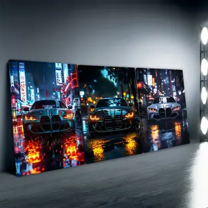 3pcs/Set Wooden Framed, Abstract Car M4 Neon City Wall Art Canvas Painting, Supercar Poster, Modern Minimalist Design Black Sports Car Art Poster Print Wall Pictures, Ideal For Bedroom, Office, Living Room, Wall, Room, Home Decoration, Canvas Prints