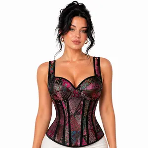 Women’s Gothic Overbust Corset Top with Shoulder Straps Vintage Floral Bustier Halter Tank Plus Size XS-7XL Sexy Lace-Up Waist Trainer Lingerie Halloween Gothic Party Outfit Elegant Shapewear Corset Top 1569