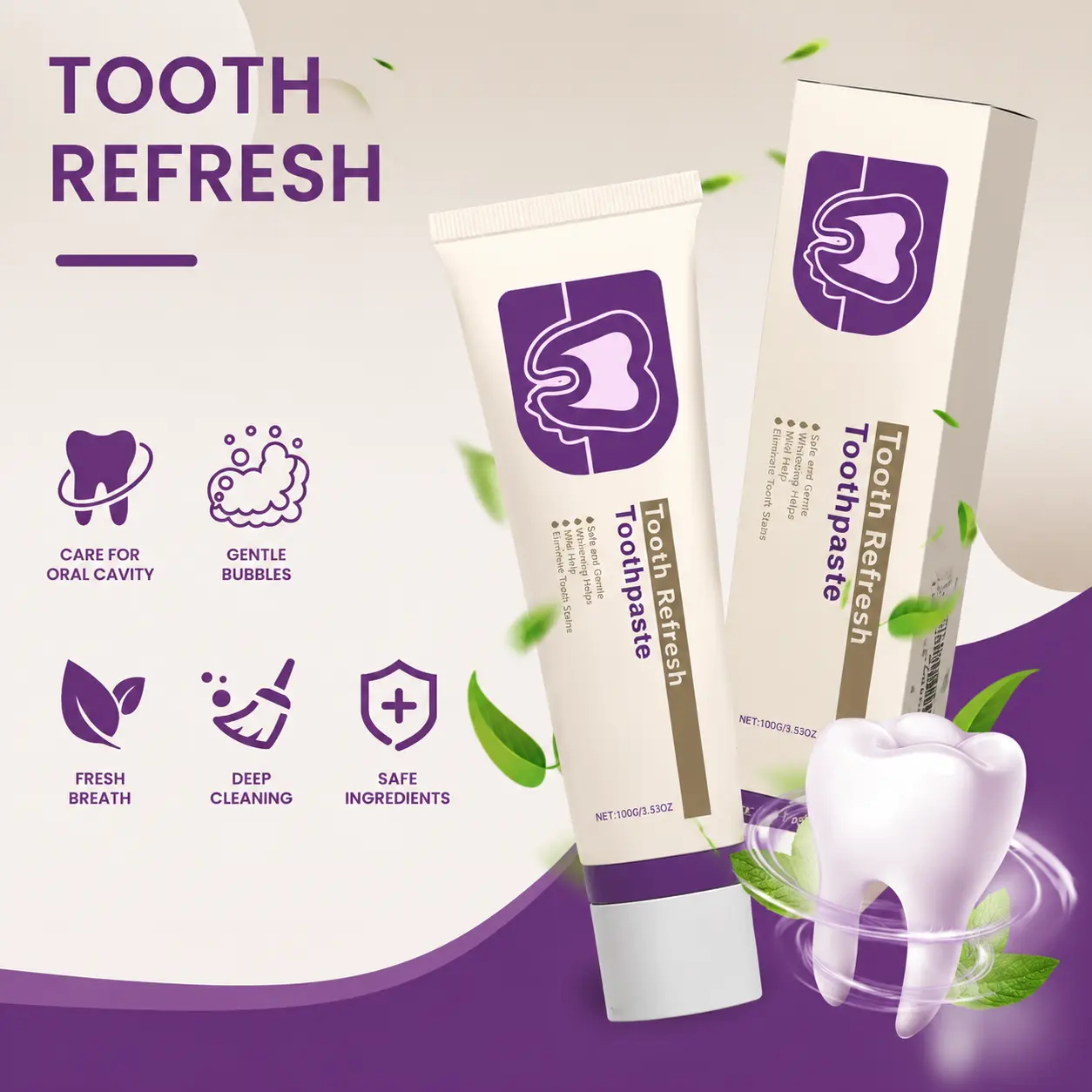 Whitening Toothpaste, Natural Toothpaste for Fresh Breath, Enamel Repair & Healthy Gums, Helps Remove Coffee, Tea & Wine Stains, Strengthens Enamel, Plaque & Cavity Protection, Gentle Daily Oral Care for Sensitive Teeth, Fresh Mint Flavor, 100g