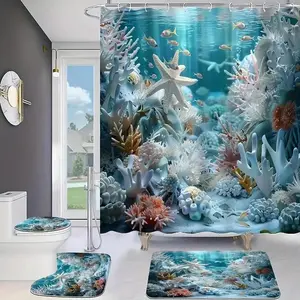 1/4pcs  Ocean Theme Bathroom Set with Shower Curtain, Toilet Seat Cover, Bath Mats, and 12 Hooks, Enhance Your Space Decor, Bathroom Decoration Accessories, Shower Curtain Sets