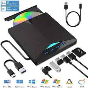 Laptop External CD DVD Drive, [7 in 1] Type-C CD/DVD Player USB 3.0, Portable CD/DVD ROM Burner with TF/SD Card Slot for Desktop Windows 11/10/8/7 Linux Mac OS (Black)