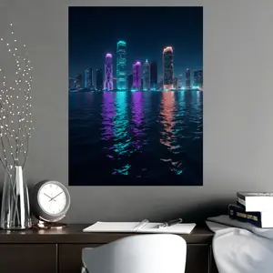 Miami Neon City Skyline Matte Vertical Poster, Artistic Home Decor for Living Room, Hanging Frameless Wall Art
