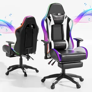 Mr IRONSTONE Gaming Chair with Bluetooth Speakers and RGB LED Lights Ergonomic Massage Computer Gaming Chair with Footrest Video Game Chair High Back with Lumbar Support Blue Black