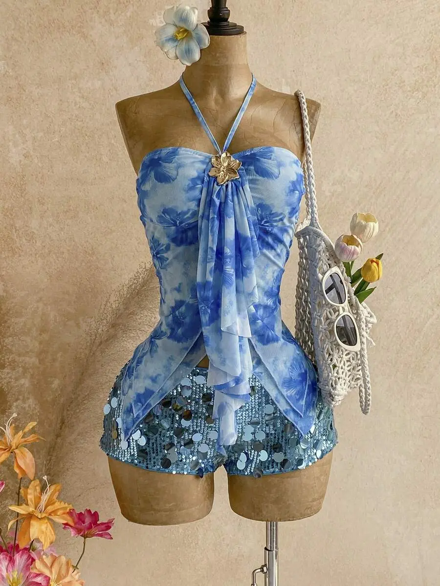 Lillie Summer Vacation Ocean Shell Decor Spaghetti Strap Asymmetrical Hem Cami Dress, Beach Holiday, Light Blue Floral Tropical, No Chest Padding Sey
