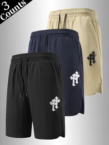 Men’s High-Waisted Quick-Dry Nylon Shorts, Loose Fit Cross-Print Design, Mid-Thigh Length, Plain Street-Casual Style, Elastic Waist, All Seasons Wear for Everyday Outings and Home Leisure - Menswear Bottoms,summervibes