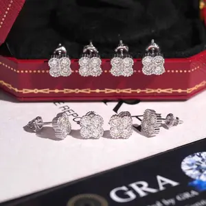 Clover Earrings Screw Back Moissanite Silver S925 + Rhodium
