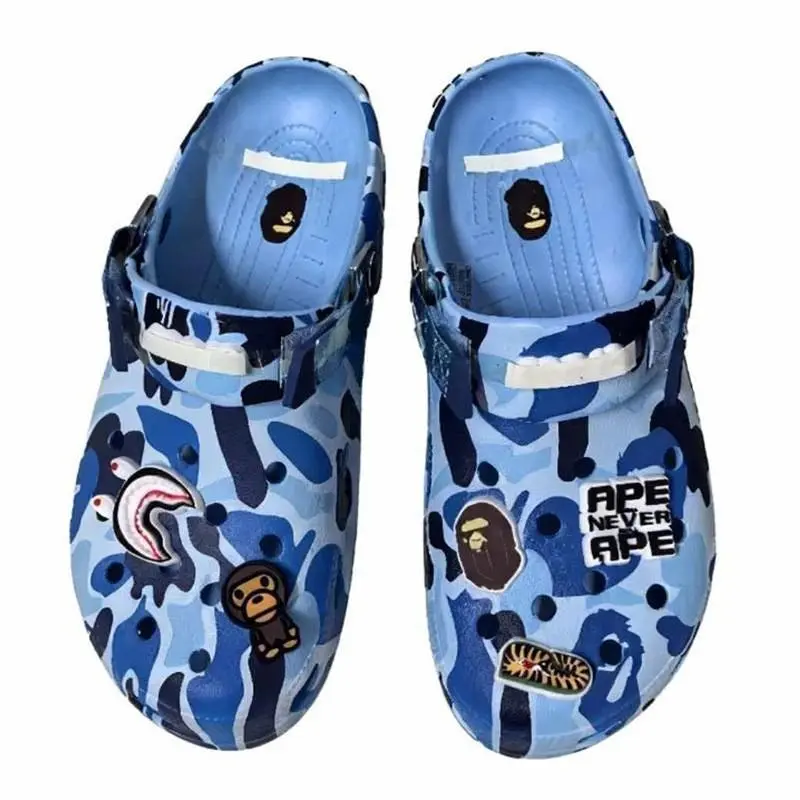 Blue Camo Street Style Clogs Shoes, Urban Fashion Garden Sandals, Cartoon Charm Slip On Shoes, Trendy Summer Casual Footwear