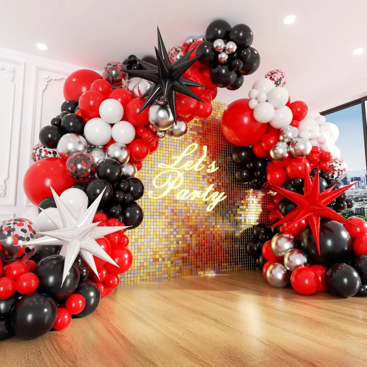 130 count Red and Black Balloon Arch Kit with Metallic  Confetti Red  Balloons for Graduation Birthday Party Decorations