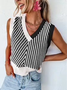 Contrast Chevron Knit V Neck Sweater Vest, This Knitted Vest Is Textured and Of Fine Quality.