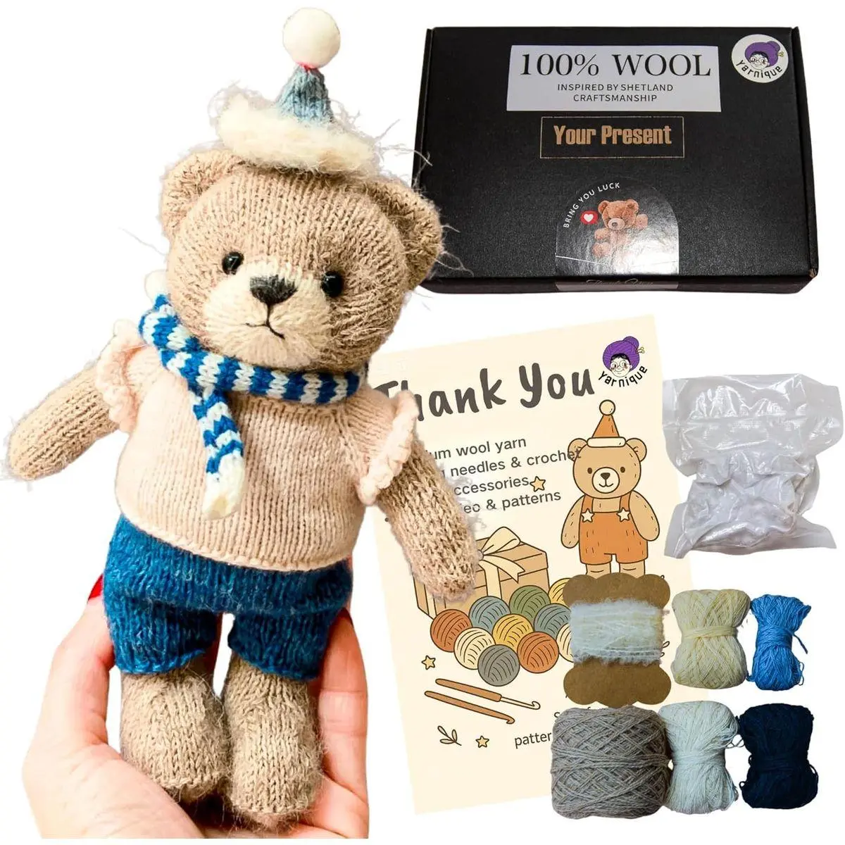 Wool Bear Knitting Kit – Real Wool Amigurumi Kit for Adults with Video Tutorials | DIY amigurumi Crochet & Knitting Kit with Tools | Holiday Gift Craft Set (White Sweater)