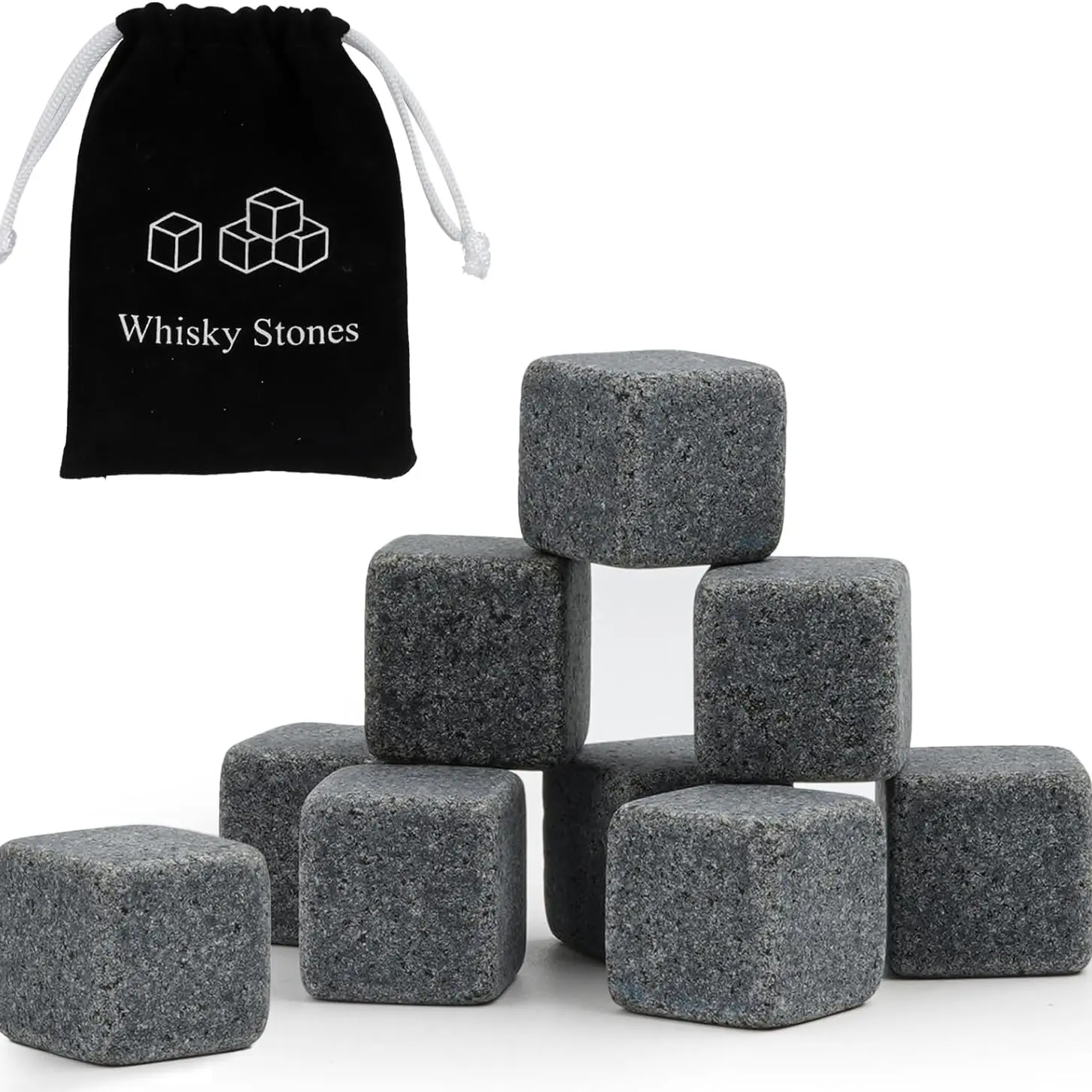 Whiskey Ice Stones Set with Velvet Bag, Premium Cooling Rocks for Wine Lovers, Perfect Gift, No Power Needed, Bar Tool Kit, Ice Cubes, Barware, Drink Accessories