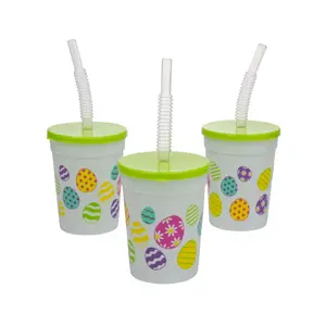 Colorful Easter Egg Reusable BPA-Free Plastic Cups with Lids & Straws - 12 Pc.