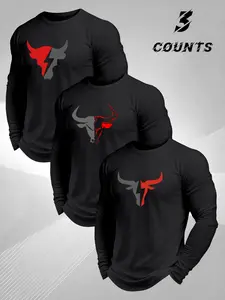 Men's Hooded Sportswear Set, Animal Pattern Sportswear, Stitching Bull Head Print Design, Regular Fit Long Sleeve Round Neck Tee, Spring Fall Casual Style