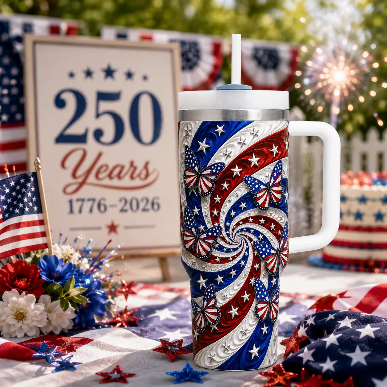 Stylish Portable Insulated Tumbler - 1776-2026 America 250th Anniversary Patriotic Butterfly Print Water Bottle, Kitchen Drinkware for 4th of July Gifting (Ideal for Moms, Girlfriends)