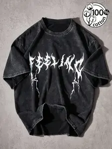 Unisex Menswear 100% Cotton Washed Vintage Casual Death Metal Tribal Font Print Oversized T-Shirt | Y2K Gothic Dark Grunge High Street American Retro Streetwear Top