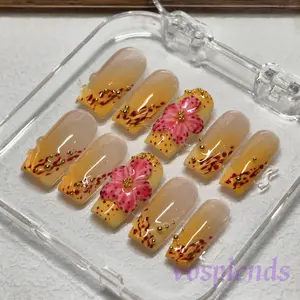 Vosplends  OrangeIris, handmade 10pcs  middle coffin  press on nails , 3D flower nails, reusable fake nails,  nail kit acrylic set nail supply store Floral Embellished Rhinestonepress on. nail